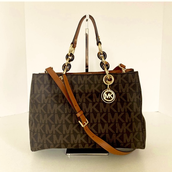 Michael Kors Handbags - COPY - MICHAEL KORS Cynthia Medium Satchel Bag with Key Chain
Brown Logo-print …